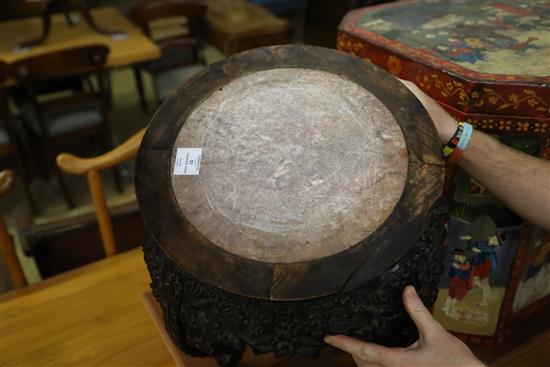 A 19th century Chinese marble topped carved hardwood jardiniere stand, diameter 44cm, H.53cm